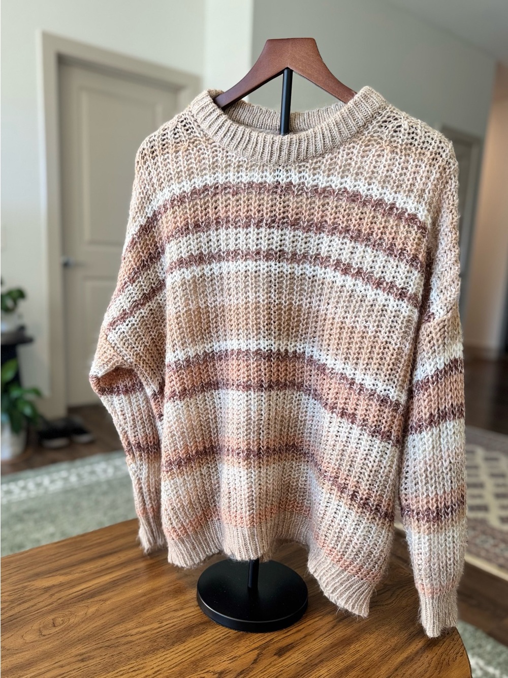 American Eagle Outfitters Striped Crew Sweater - Cream, Brown & Maroon